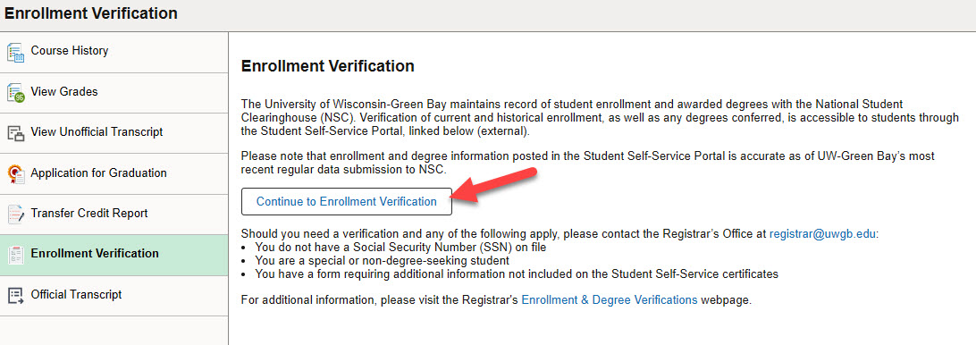 A screenshot of the "Enrollment Verification" page with a red arrow pointing to the button labelled "Continue to Enrollment Verification."
