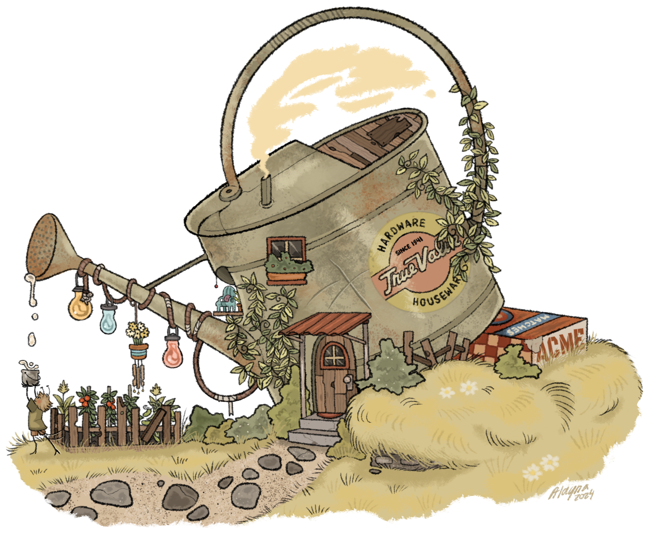 Digital art of a watering can turned into a fairy-tale-style house.