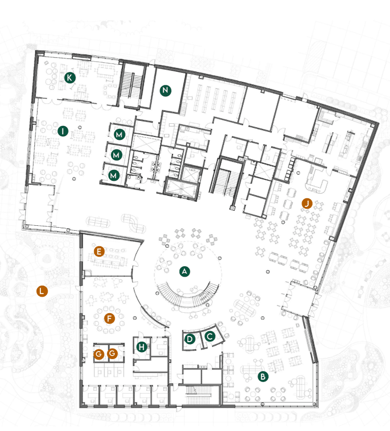 Main floor plan of the new Cofrin Technology & Education Center showing locations of spaces available for naming opportunities. Each room is marked with a letter that corresponds to the naming‑opportunities table on the page.