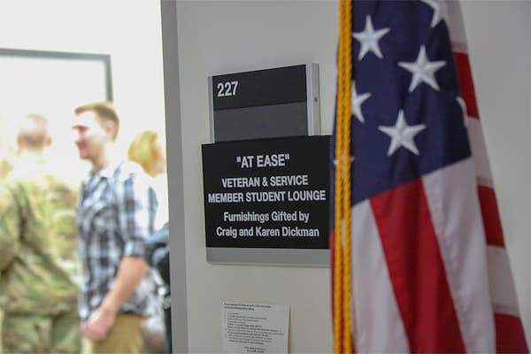 American Flag in front of Veteran and Service Member Student Lounge