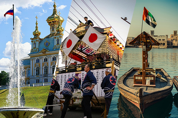 Images of Russian, Japanese and Arabic Flags in their country