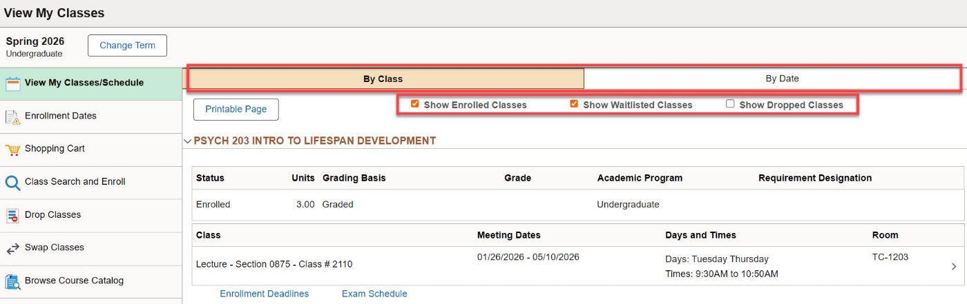 The sorting and filtering options on the View My Classes/Schedule tab