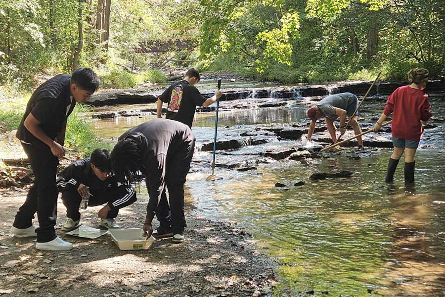 Students gathering data in a stream