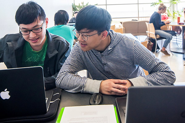 Two male students, studying in commons with laptops