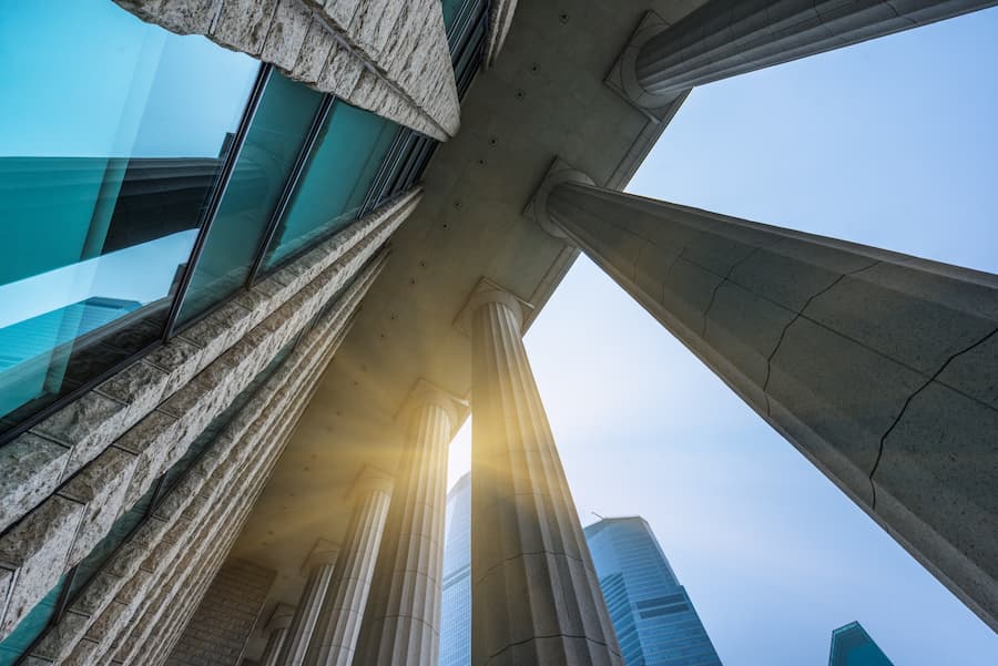 View of sun shining through government building