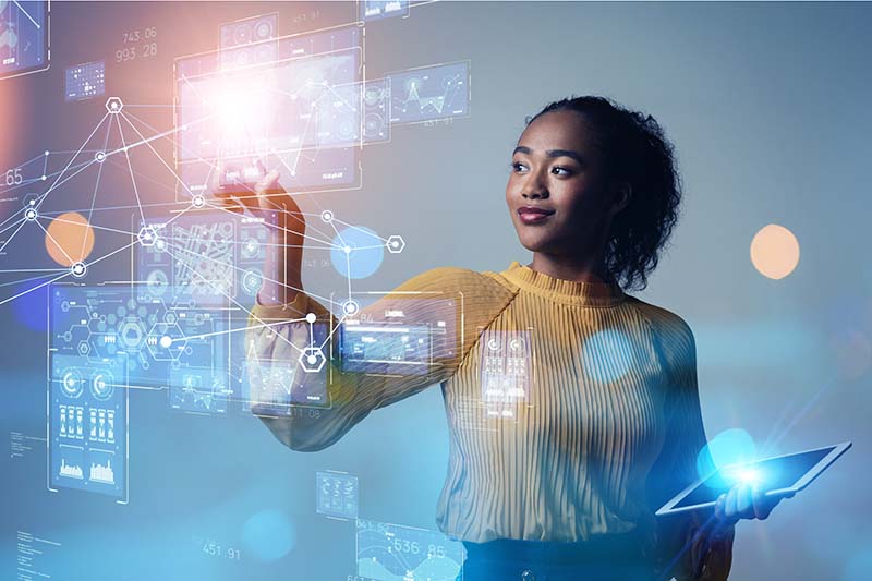 woman with data showing digital transformation concept