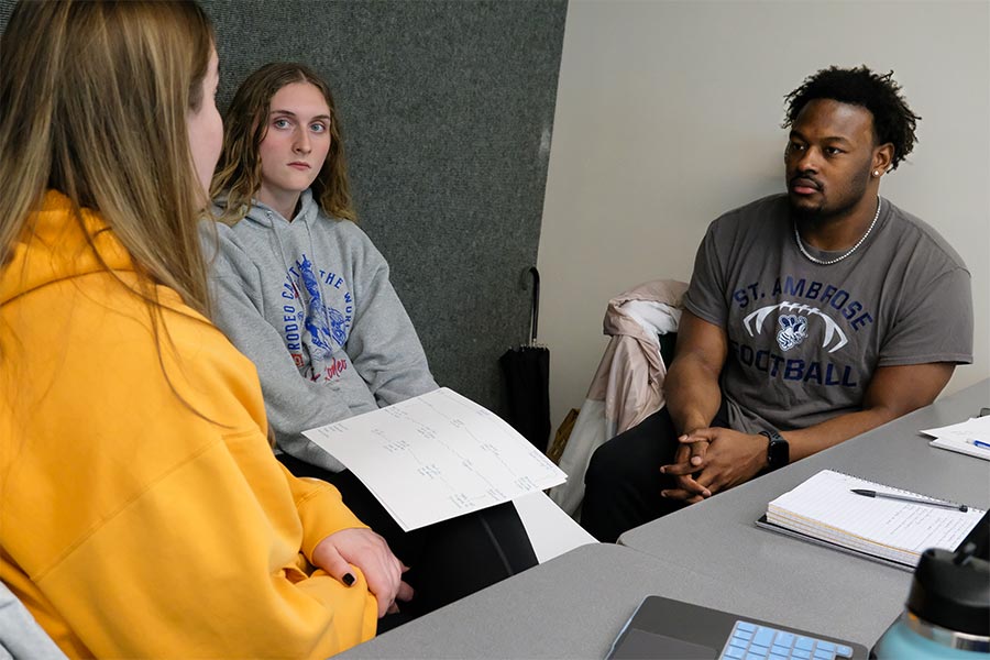 Graduate students in Sport, Exercise and Performance Pyschology program, learn about working with clients that are struggling with their feelings after achieving their lifelong goal during Counseling Microskills Class inside Mary Ann Cofrin Hall.