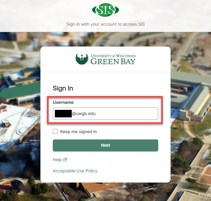A webpage with a red box highlighting the place to enter your UWGB username (including the "@uwgb.edu")