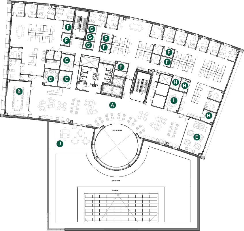 Third-floor plan of the Cofrin Technology & Education Center showing indoor spaces and the outdoor roof terrace available for naming opportunities. Lettered markers correspond to the naming‑opportunities table on the page.