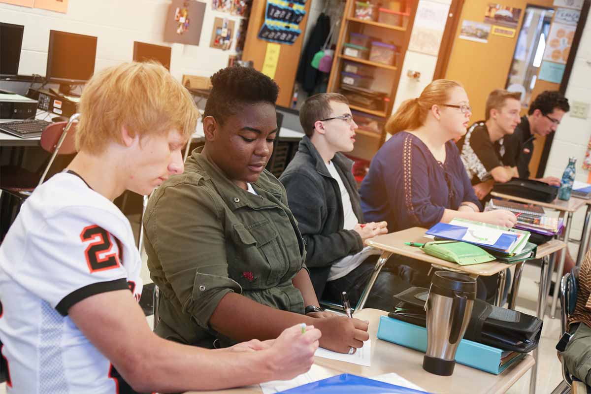 Classmates learning together while studying