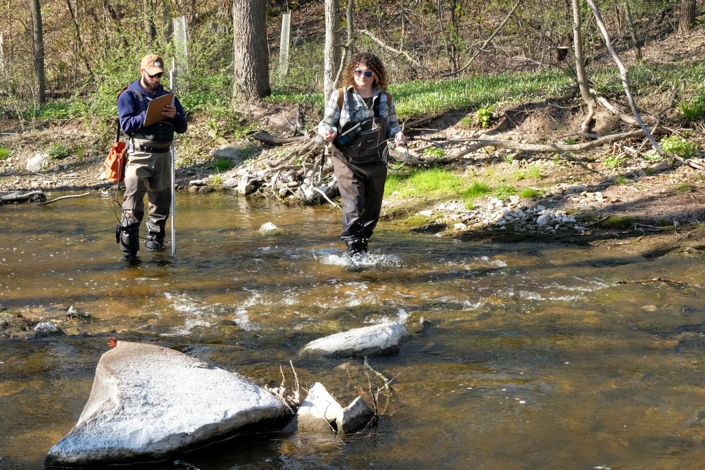 Two people walking through a stream