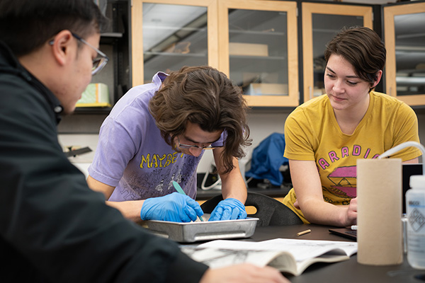 Three students working in a lab classroom