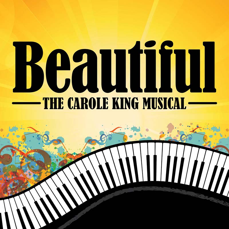 Beautiful The Carole King Musical text on a bright yellow background with piano keys