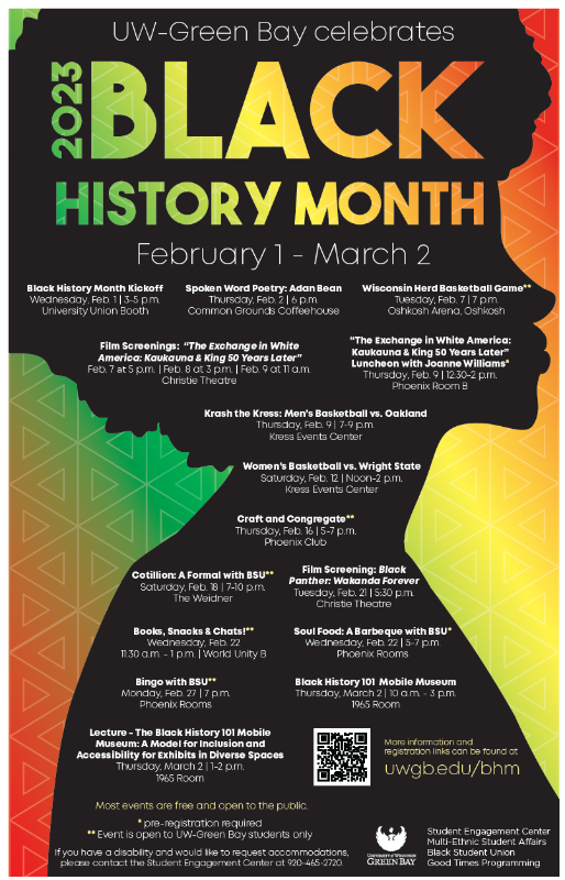 2023 Black History Month Calendar with event names, dates and location