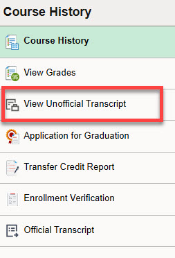 The left-hand navigation bar of the Academic Records tile with the "View Unofficial Transcript" option highlighted.