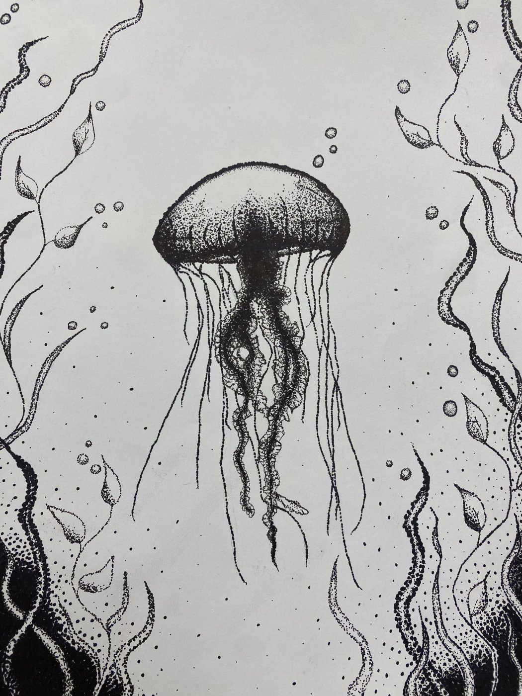 Black ink drawing of a jellyfish on a white background.
