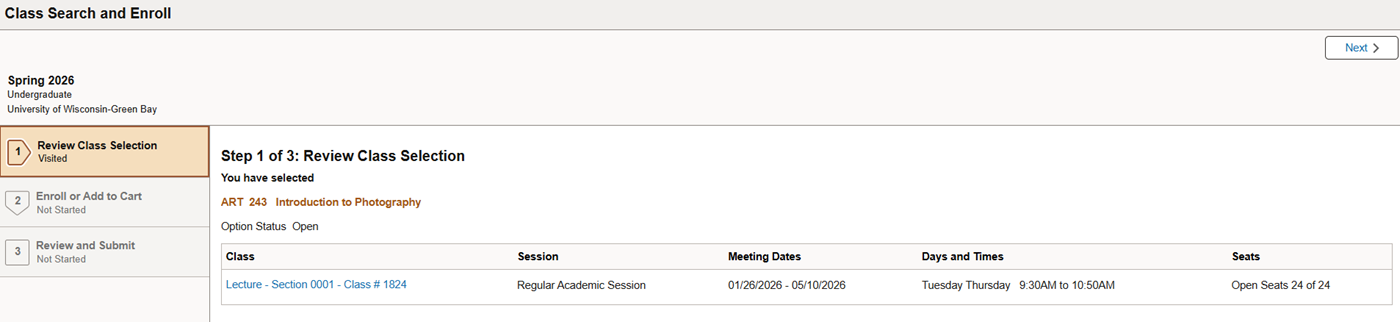 Step 1 of 3: Review Class Selection