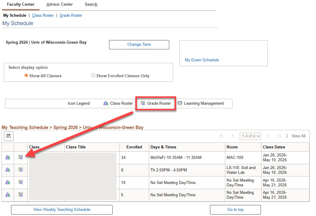 The Grade Roster icon appearing to the left of a course