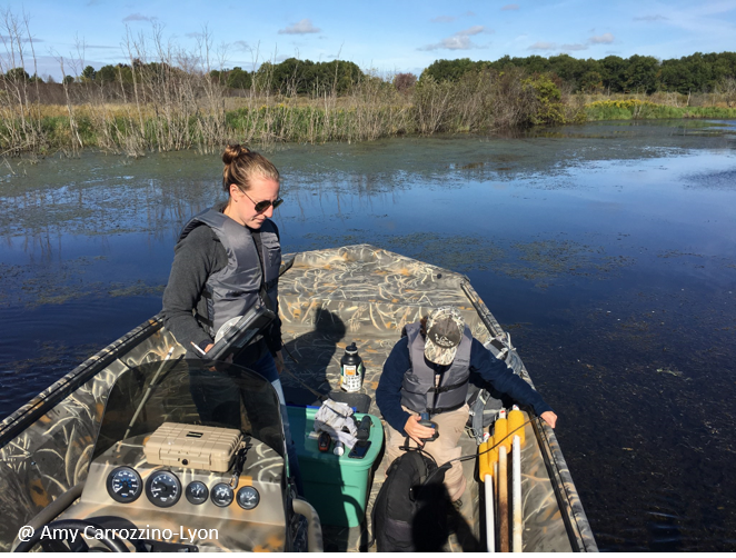 Researcher in a boat taking water quality measurements. Photo by Bobbie Webster.