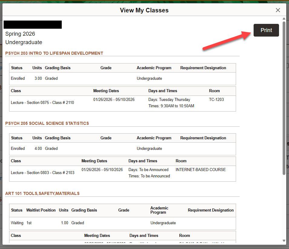 The preview pop-up appearing when Printable Page is selected, with a red arrow pointing to the Print button.