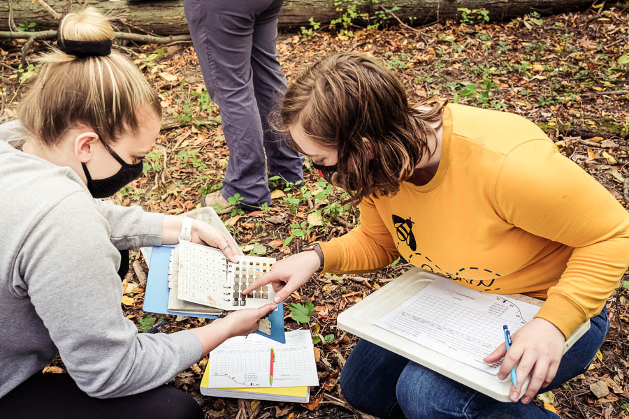 Two students working on outdoor soil testing lab