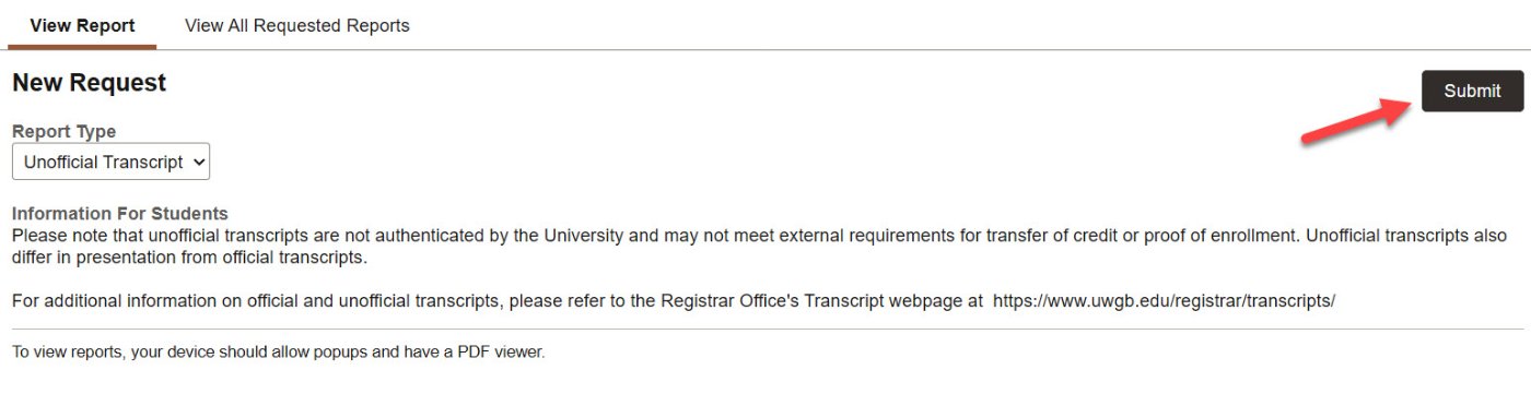 The View Unofficial Transcript tab with a red arrow pointing to the "Submit" button.