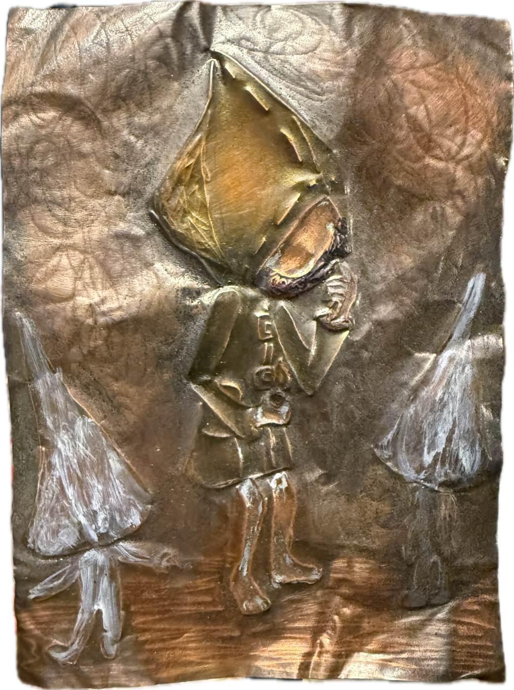 Metalwork bronze etching of a video game figure.