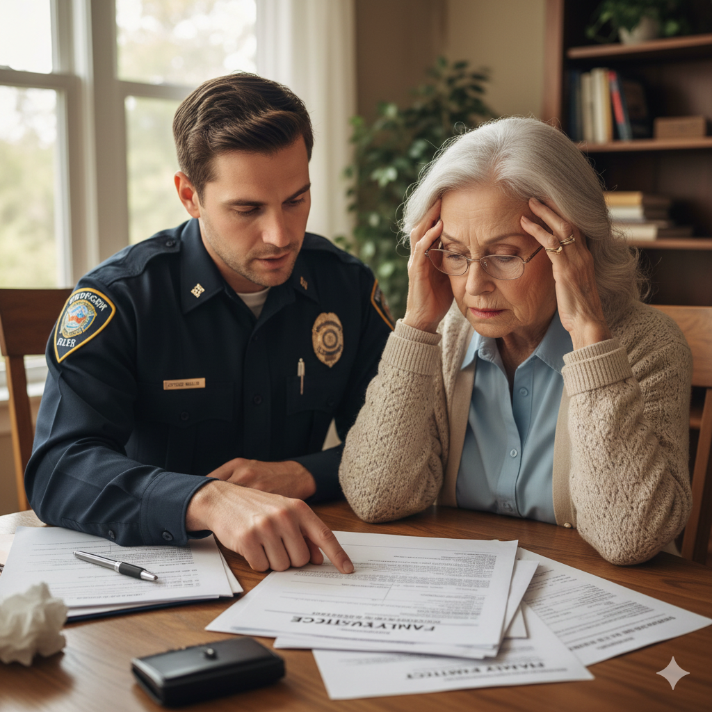 A police officer sits at a table with an older woman, pointing to paperwork while she holds her head and looks worried; documents and a pen are spread out in a quiet, home-like room.