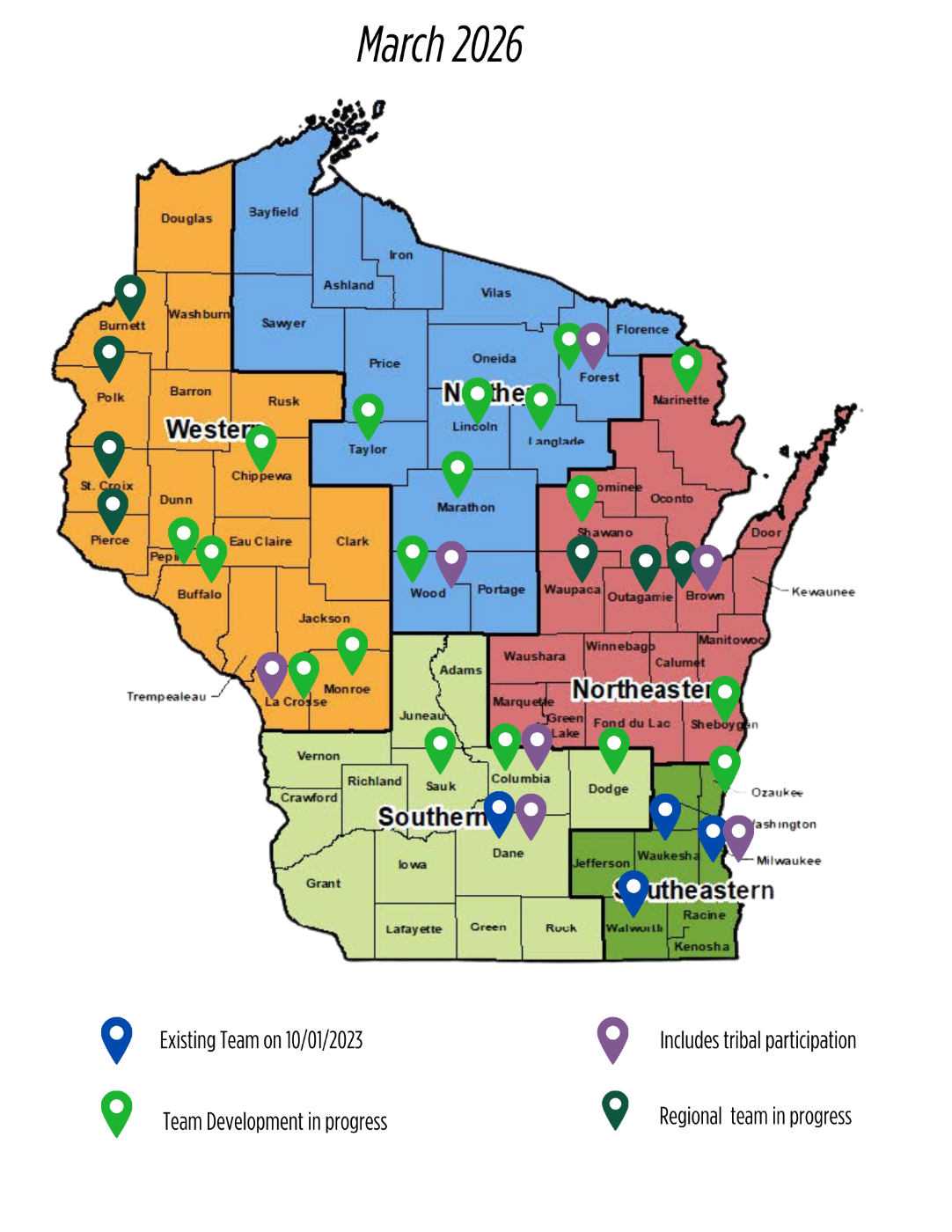 A map of Wisconsin showing current FASTs separated by the five Adult Protective Services regions