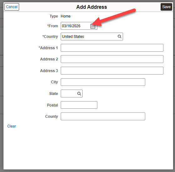 A pop-up in which a new or future-dated address should be entered with an arrow pointing to the "From" field, which accepts today or future dates.