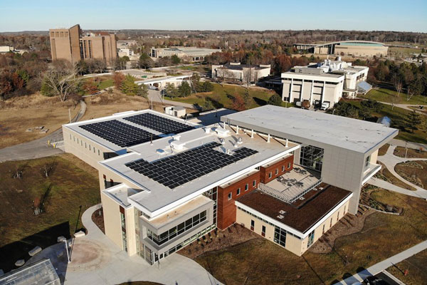 Ariel view of UW-Green Bay building with solar panels