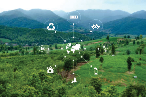 A field landscape with a globe graphic in the center.