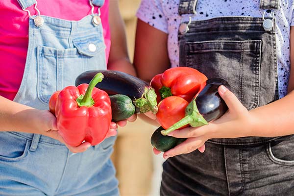 Kids holding fresh vegetables