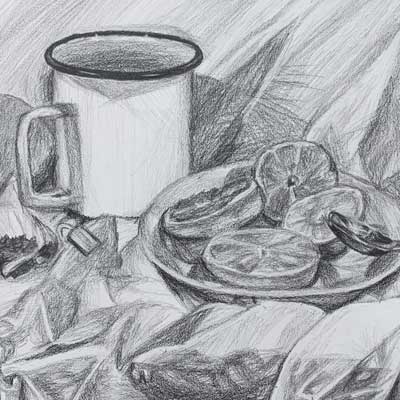 Still life drawing of coffee mug and plate, student work