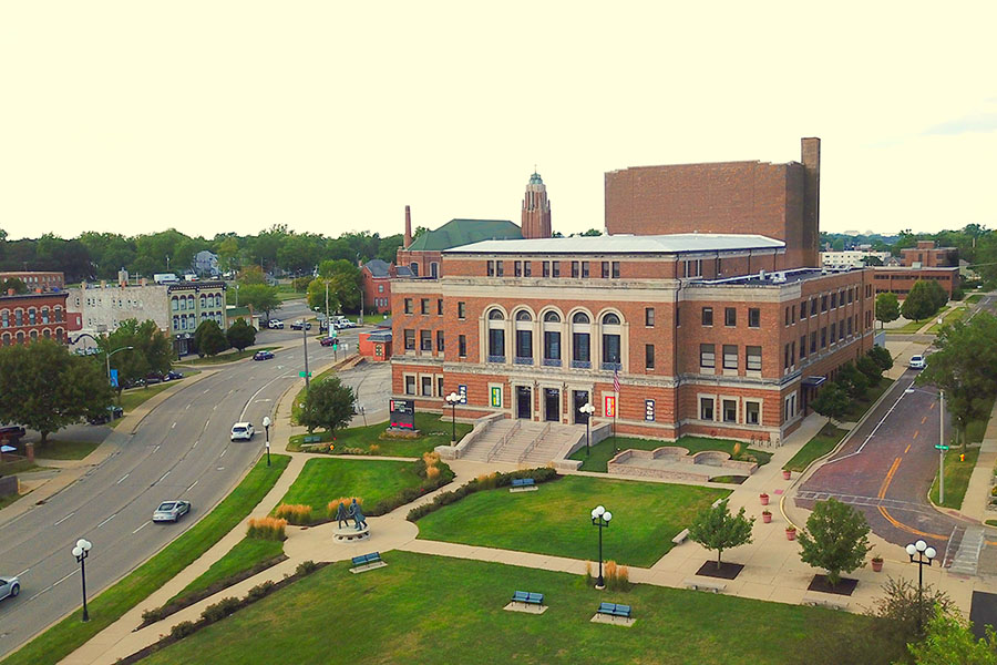 drone view of Bloomington Center for the Performing Arts