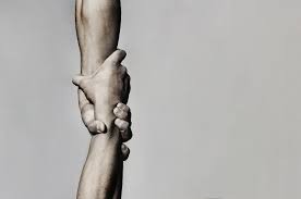 Hands holding on to each other vertically by their wrists.