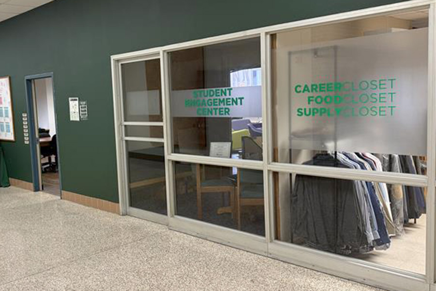 View of Campus Cupboard through the window