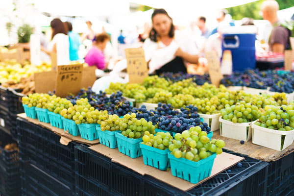 Green and purple grapes on display for sale at farmer's market