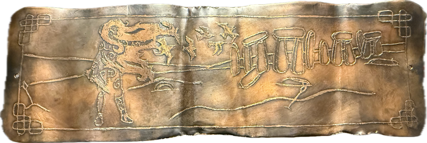 Metal etching of a warrior and a stone circle.