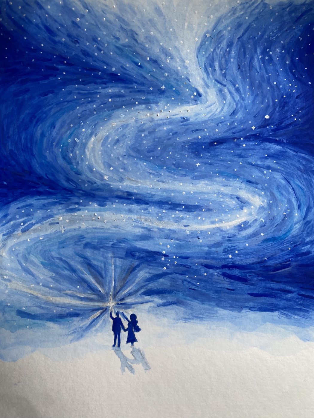 Painting of two small figures releasing stardust into a wintery night sky.