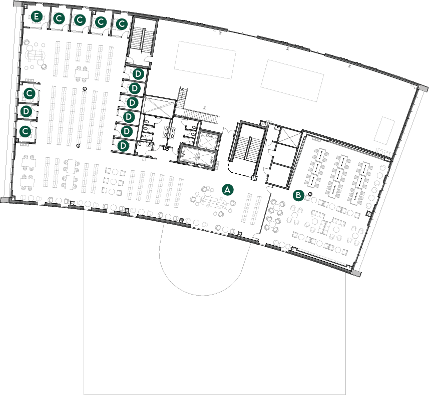 Fifth-floor plan of the Cofrin Technology & Education Center showing open seating, study rooms, and the overlook reading room available for naming opportunities. Lettered markers correspond to the naming‑opportunities table on the page. A faint outline of the rooftop terrace from Level 3 appears beneath the plan.