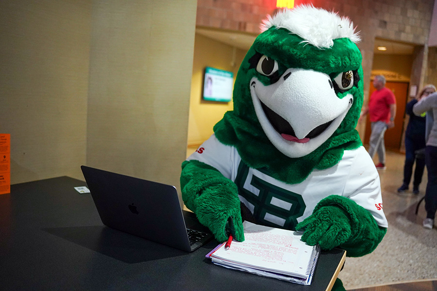 Phlash sitting in front of a laptop taking notes.