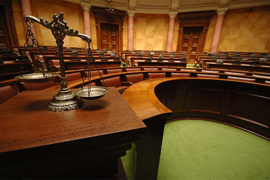 Wide angle view of court room