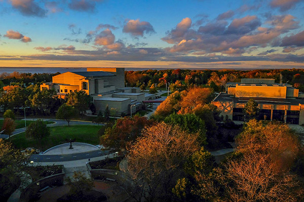Sunset over campus and arboretum