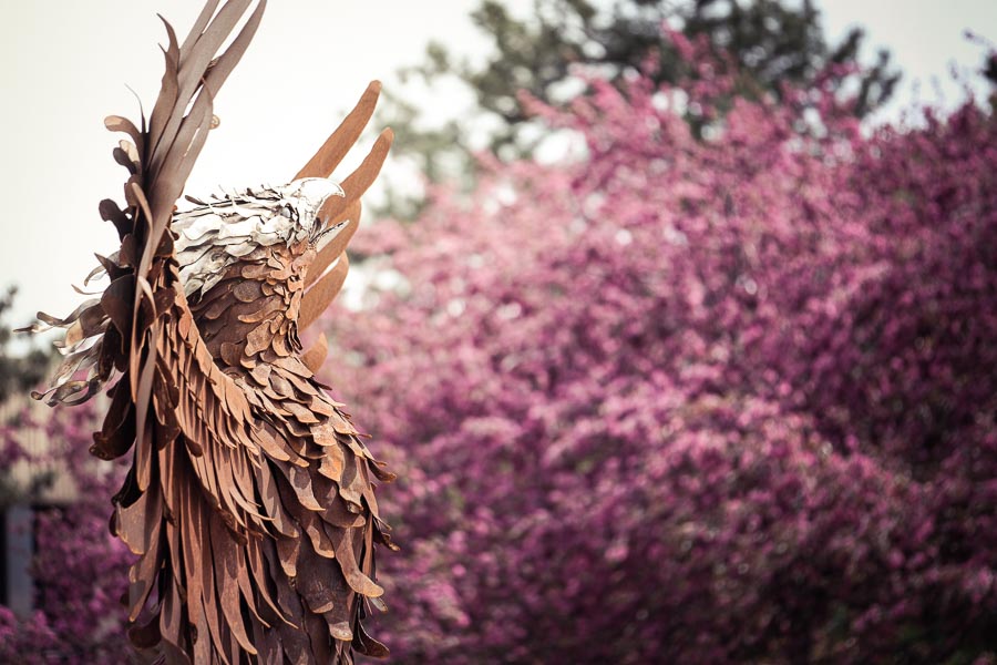 Phoenix statue with spring blooms