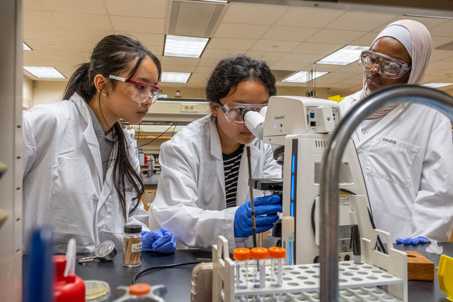 Three students working with microscope in biochemistry lab