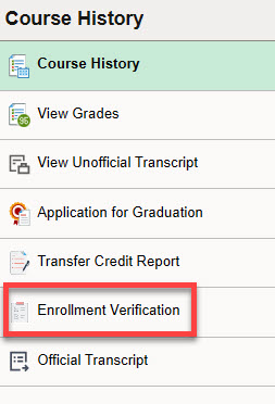Screenshot of the left-hand navigation bar on the Academic Records tile with a red box outlining the "Enrollment Verification" tab