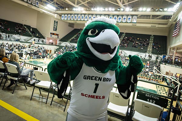 Phlash the Phoenix Mascot at a basketball game