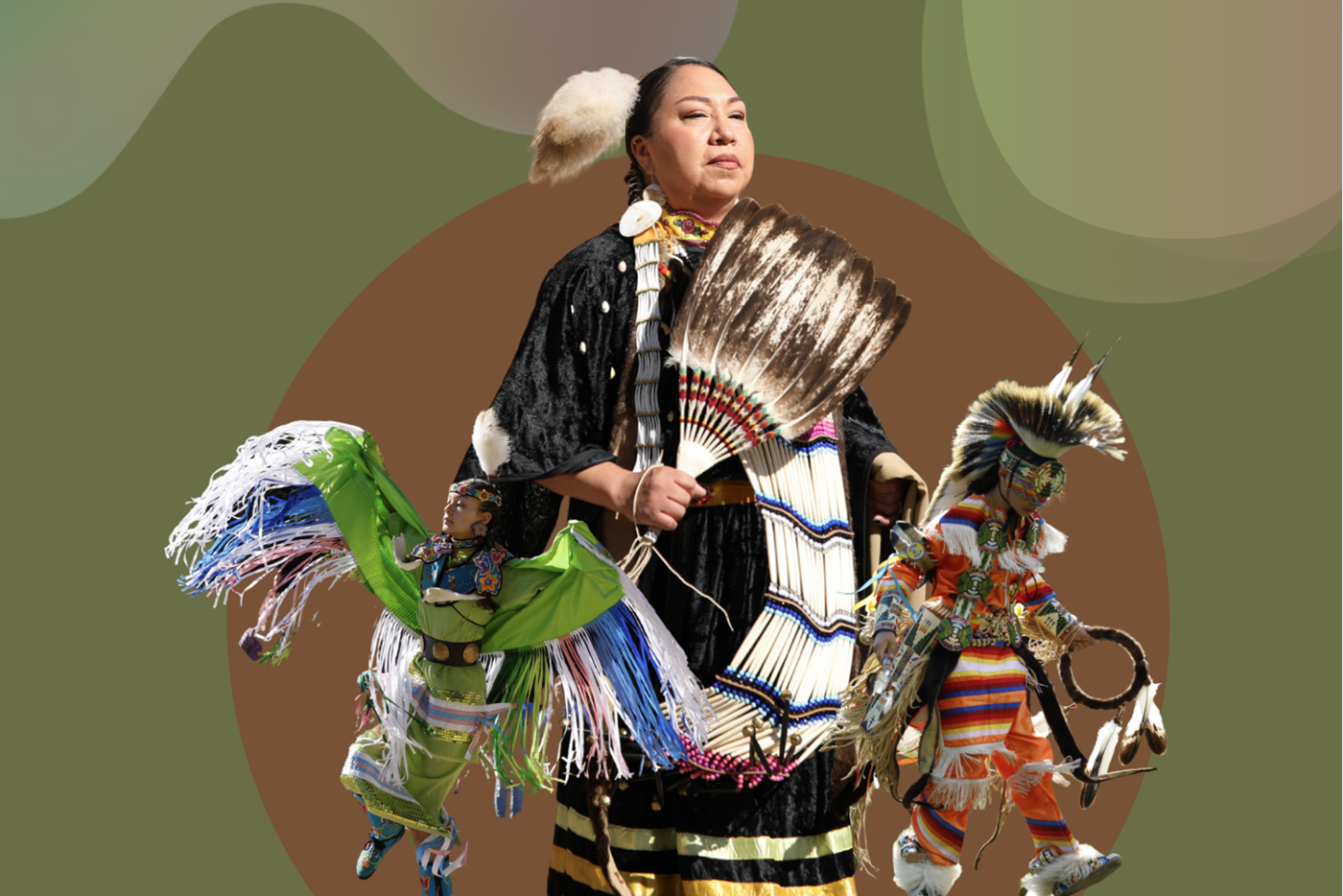 Three figures in traditional Indigenous attire