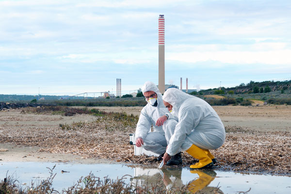 Environmental chemists test water at waste management plant